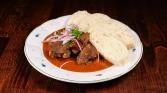 Brewery beef goulash with homemade bread dumplings